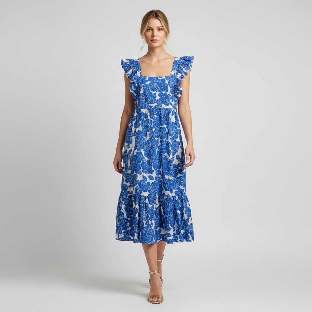 London Times New Tiered Cottagecore Floral Ruffle Poplin Maxi Midi Dress 4 Blue